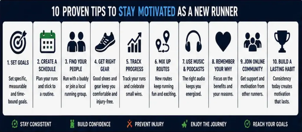 Infographic showing 10 proven tips to stay motivated as a beginner runner