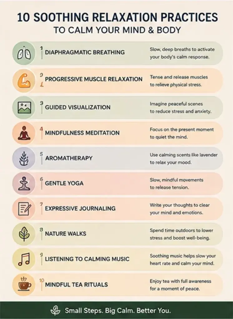 Infographic showing 10 soothing relaxation practices for calming the mind and body