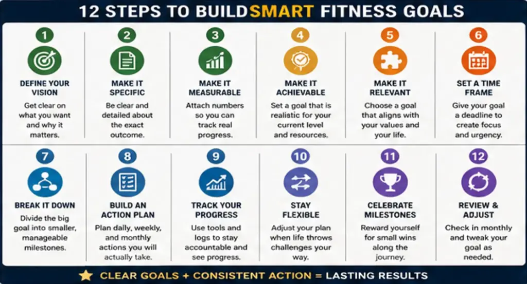 Infographic showing 12 proven steps to build SMART fitness goals