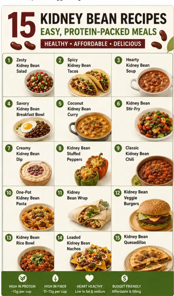 Infographic showing 15 easy kidney bean recipes that are protein-packed and healthy