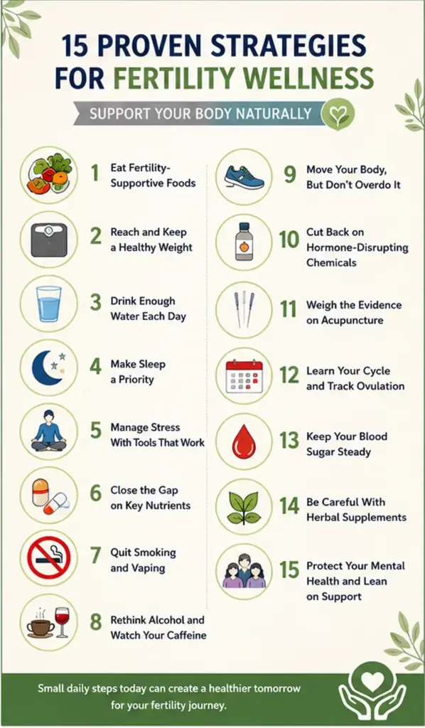Infographic showing 15 proven fertility wellness strategies to support the body naturally