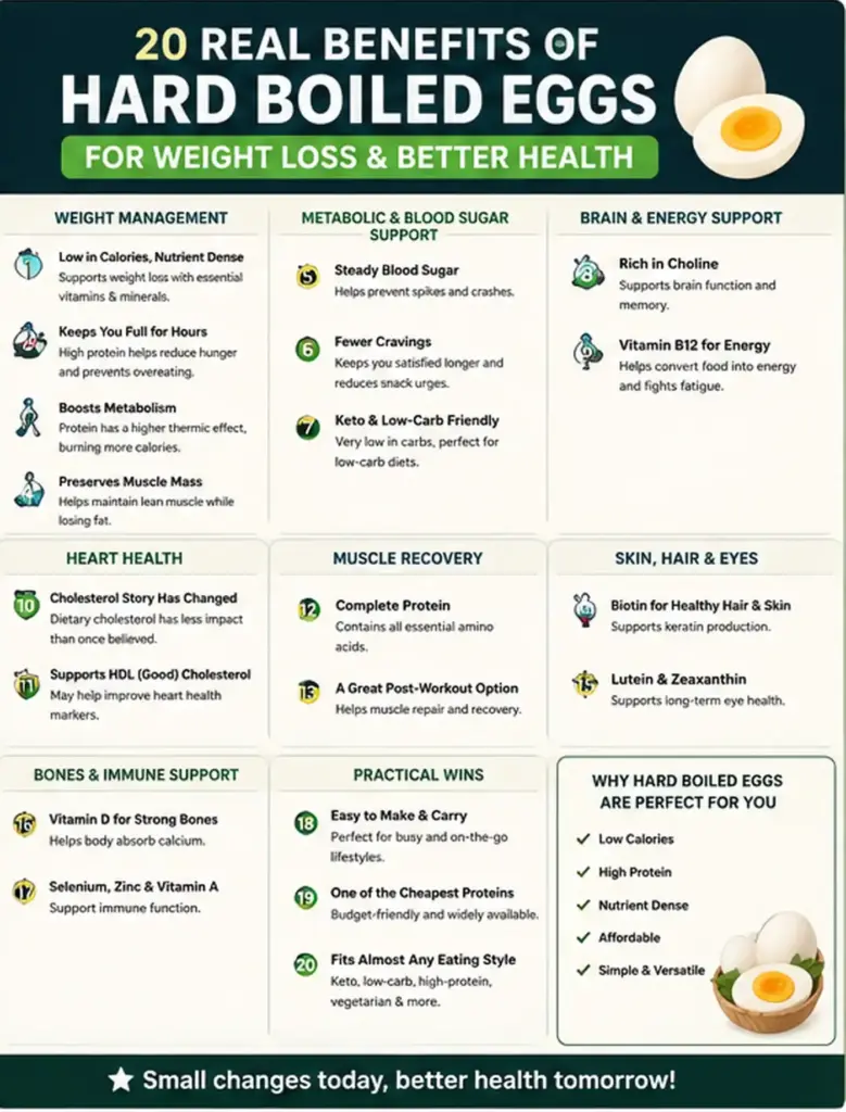 Infographic showing 20 real benefits of hard boiled eggs for weight loss and overall health