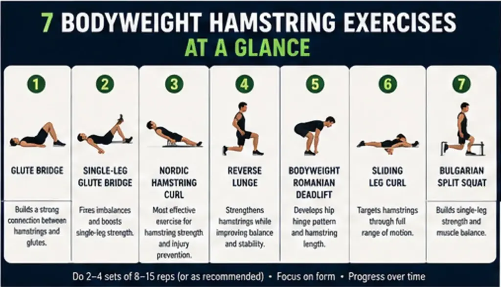 Infographic showing 7 bodyweight hamstring exercises including glute bridge, Nordic curl, reverse lunge, Romanian deadlift, sliding leg curl, and Bulgarian split squat