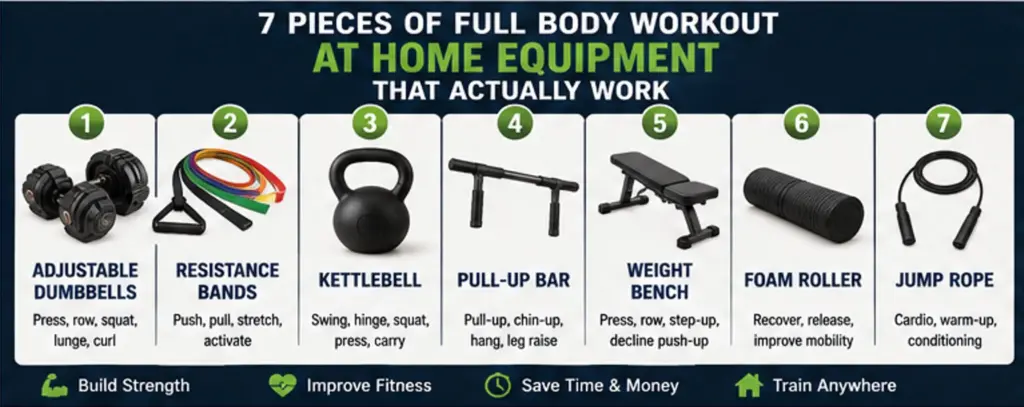 Infographic showing 7 pieces of home workout equipment for full-body training