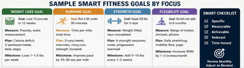 Infographic showing SMART fitness goal examples for weight loss, running, strength, and flexibility