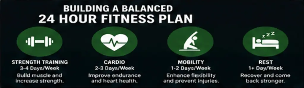 Infographic showing a balanced 24 hour fitness weekly workout plan with strength training, cardio, mobility, and rest