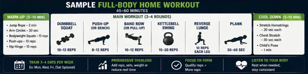 Infographic showing a sample full-body home workout with warm-up, exercises, cooldown, and progression
