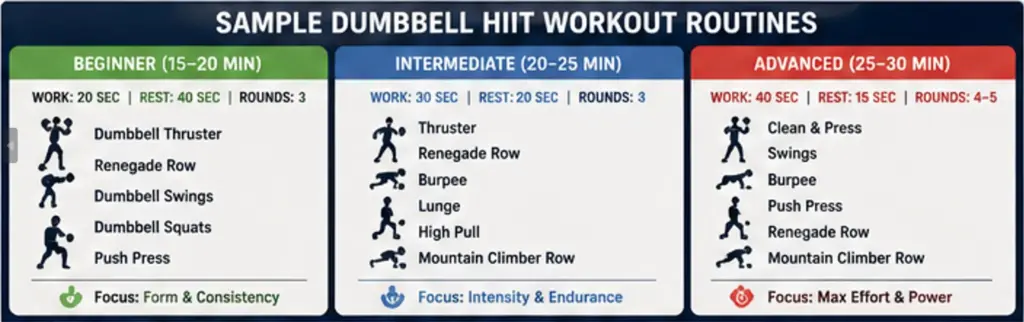 Infographic showing beginner, intermediate, and advanced dumbbell HIIT workout routines_3_11zon