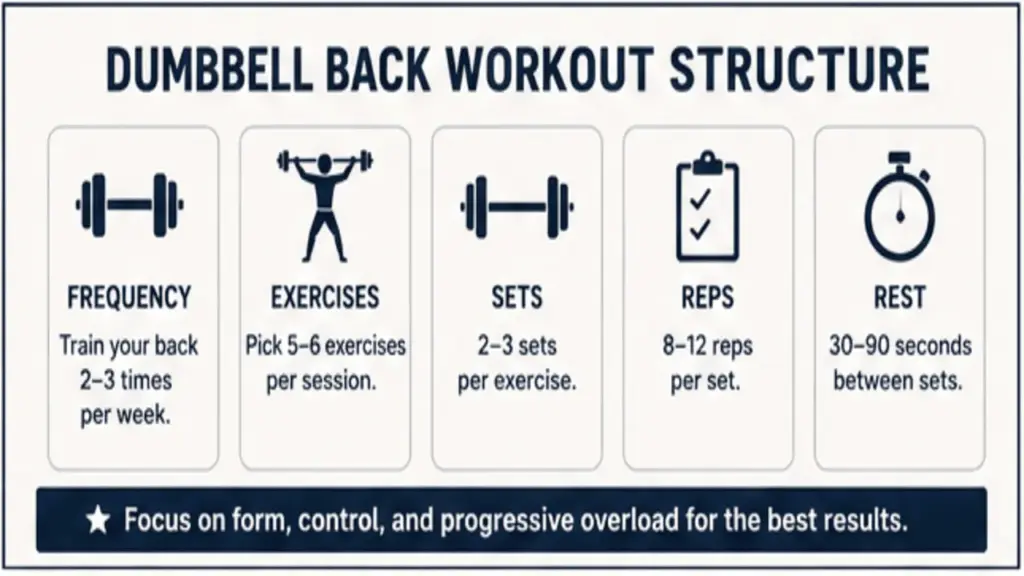 Infographic showing dumbbell back workout frequency, sets, reps, rest periods, warm-up, weight selection, and safety tips
