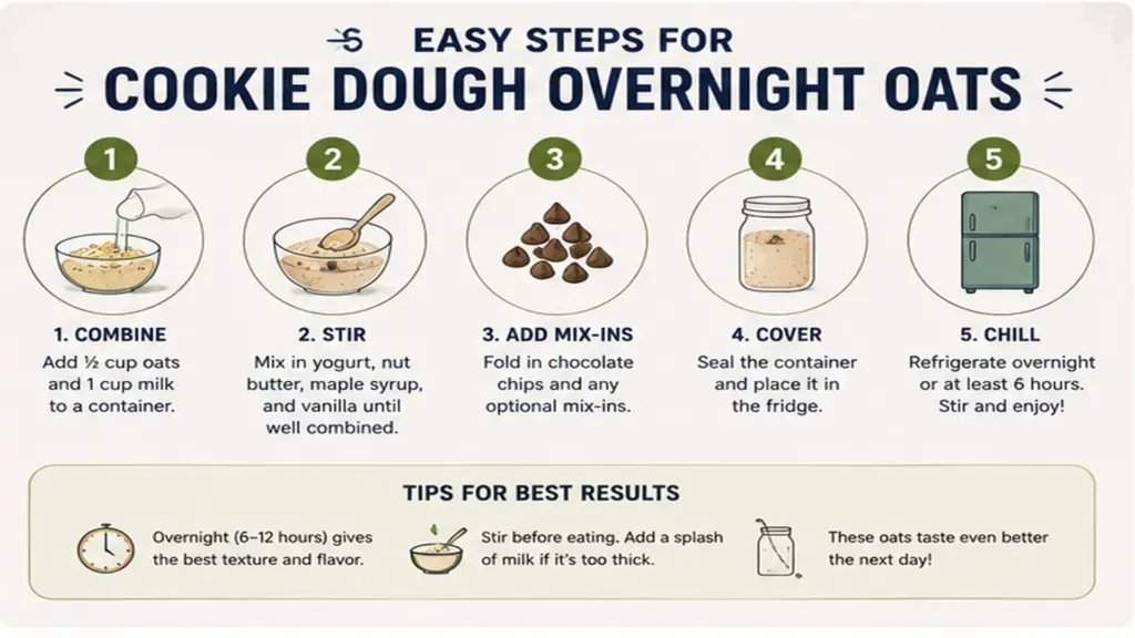 Infographic showing five easy steps to make cookie dough overnight oats_7_11zon
