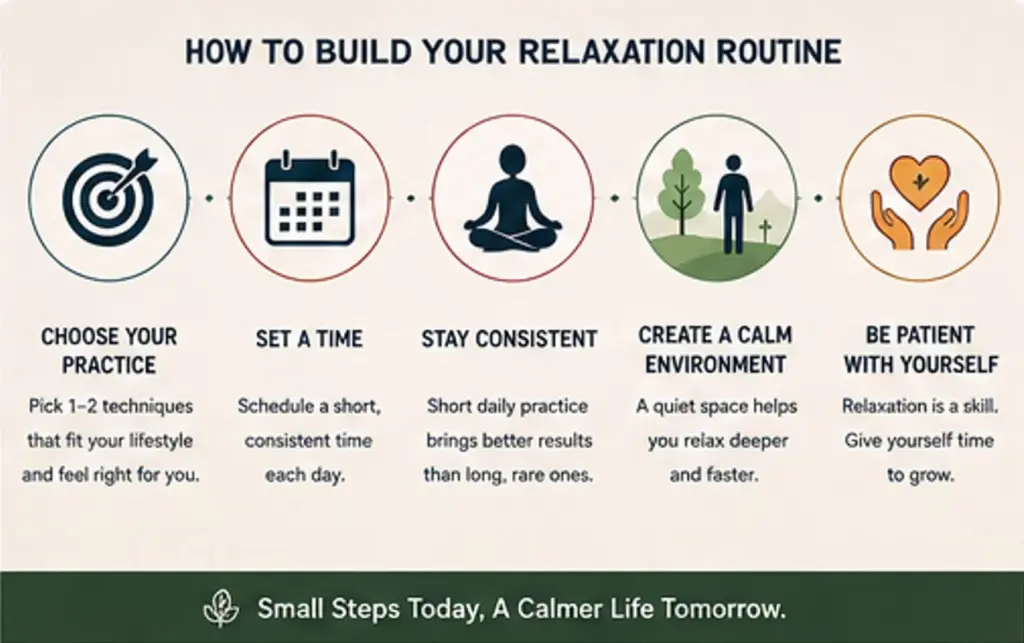 Infographic showing five steps for building a consistent relaxation routine
