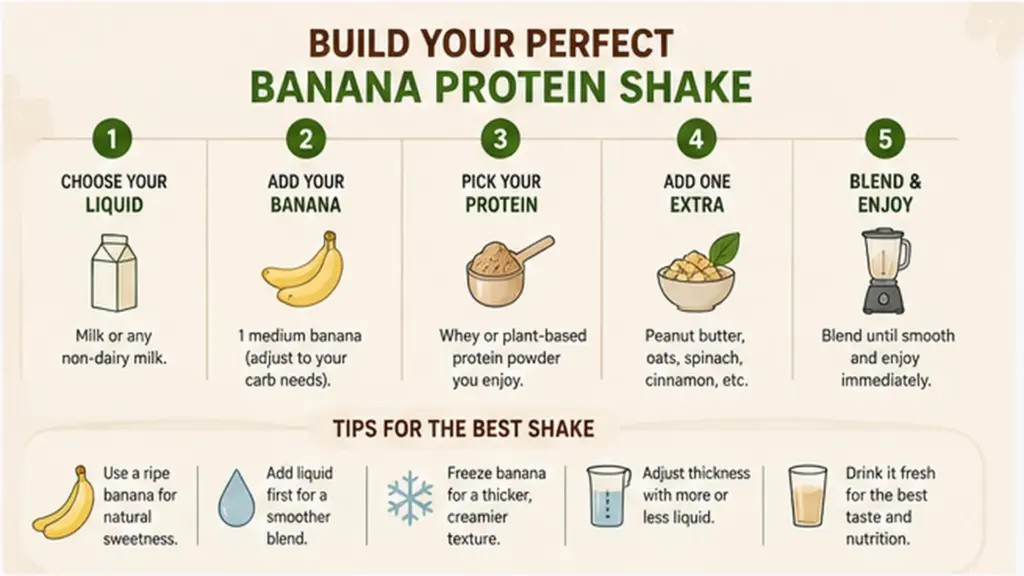 Infographic showing five steps to build a banana protein shake and tips for the best texture