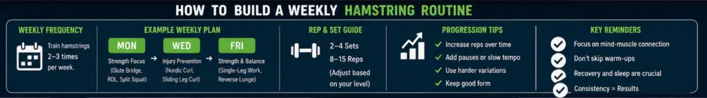 Infographic showing how to build a weekly bodyweight hamstring routine with training frequency, exercises, sets, reps, progression, and recovery