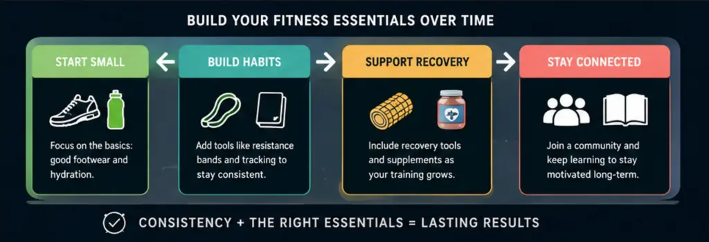 Infographic showing how to build fitness essentials over time for long-term fitness success