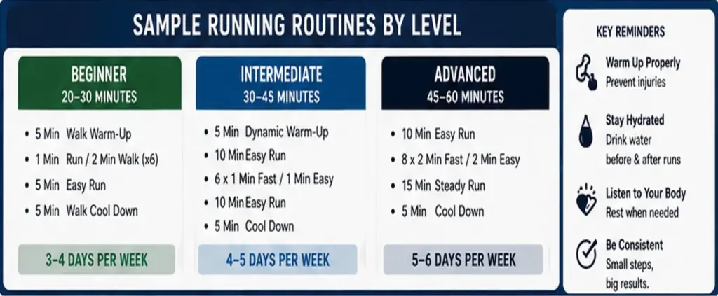 Infographic showing sample beginner running routines with running, rest, strength training, and recovery days