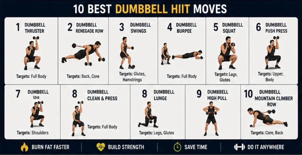Infographic showing the 10 best dumbbell HIIT exercises for fat loss and strength