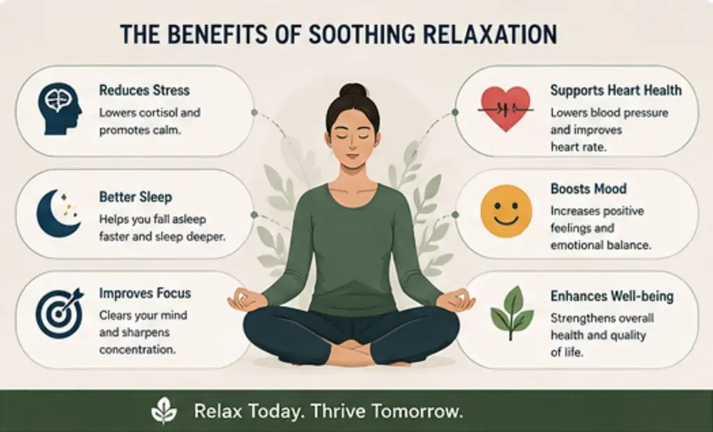 Infographic showing the benefits of soothing relaxation, including reduced stress, better sleep, improved focus, mood, heart health, and overall well-being
