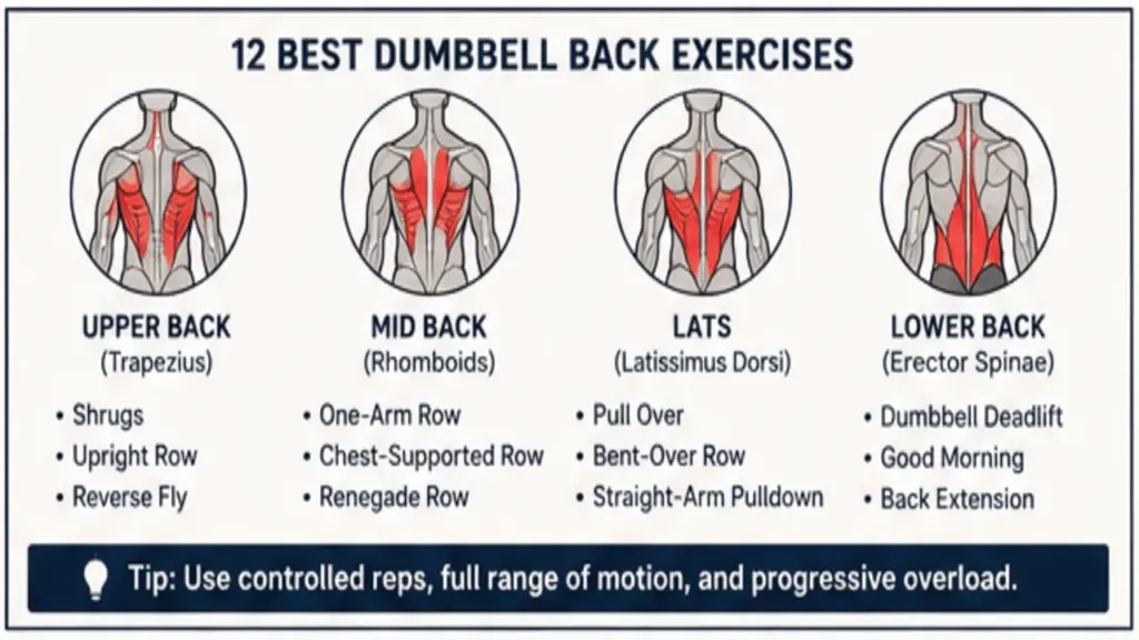 Infographic showing the main back muscles trained by dumbbell exercises, including the trapezius, rhomboids, latissimus dorsi, and erector spinae