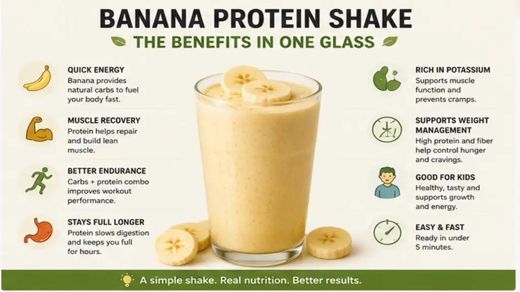 Infographic showing the main benefits of a banana protein shake including energy, muscle recovery, endurance, fullness, potassium, and weight support