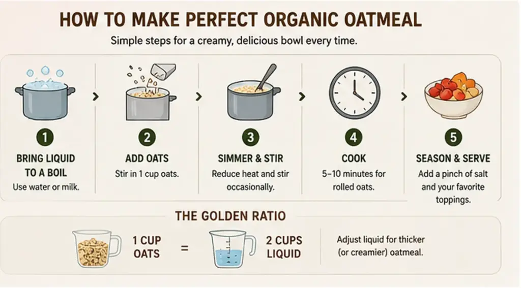 Infographic showing the one-to-two oatmeal ratio, cooking steps, and common oatmeal mistakes
