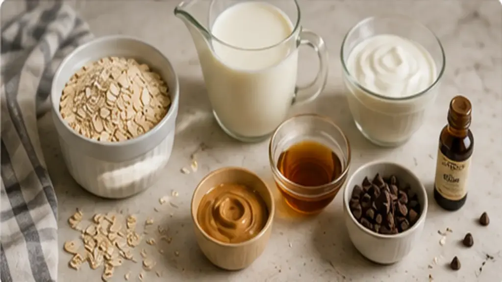 Ingredients for cookie dough overnight oats including oats, milk, Greek yogurt, nut butter, vanilla, and maple syrup
