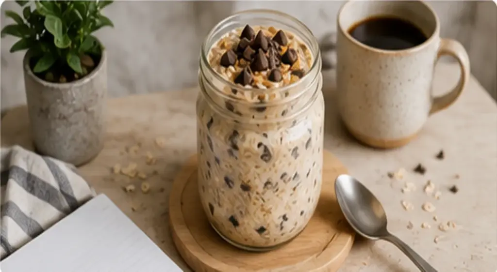 Jar of cookie dough overnight oats served on a breakfast table with a spoon and coffee
