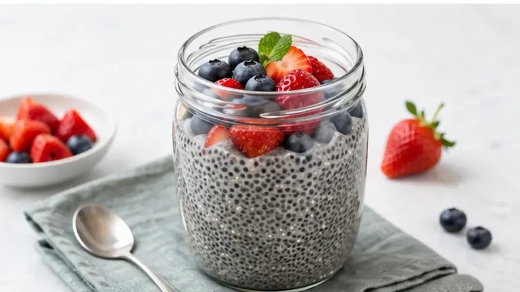 Jar of soaked chia pudding with berries, showing a thick, uniform gel consistency.