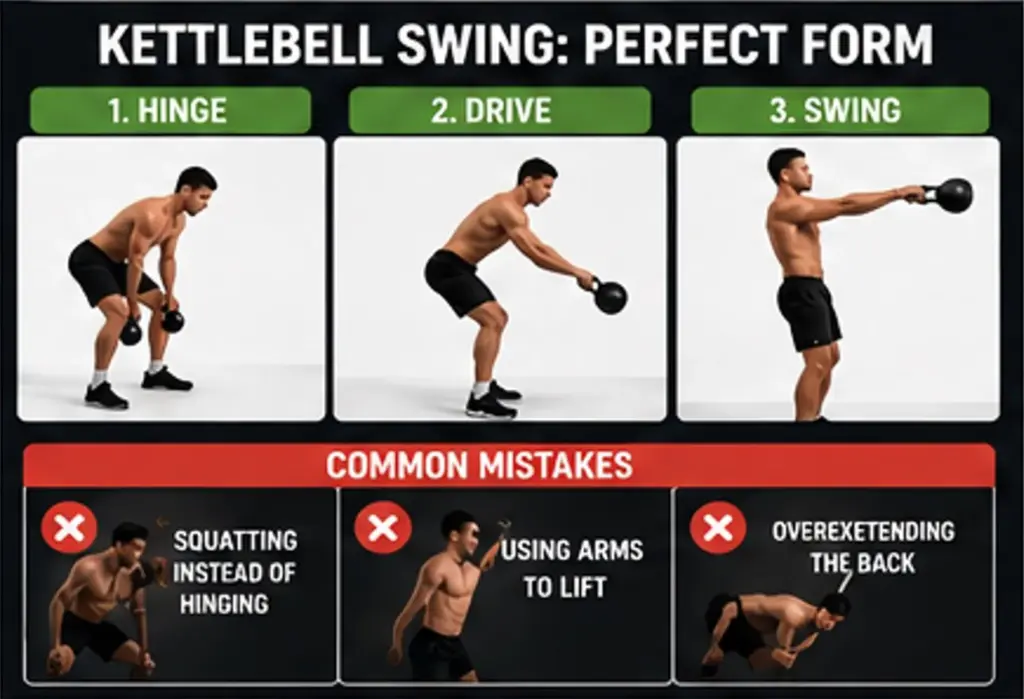 Kettlebell swing form showing proper hip hinge, drive, swing, and common mistakes
