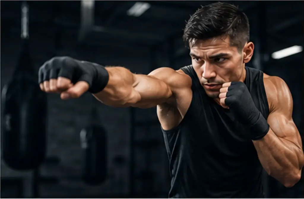 Man demonstrating proper shadow boxing stance and punching technique