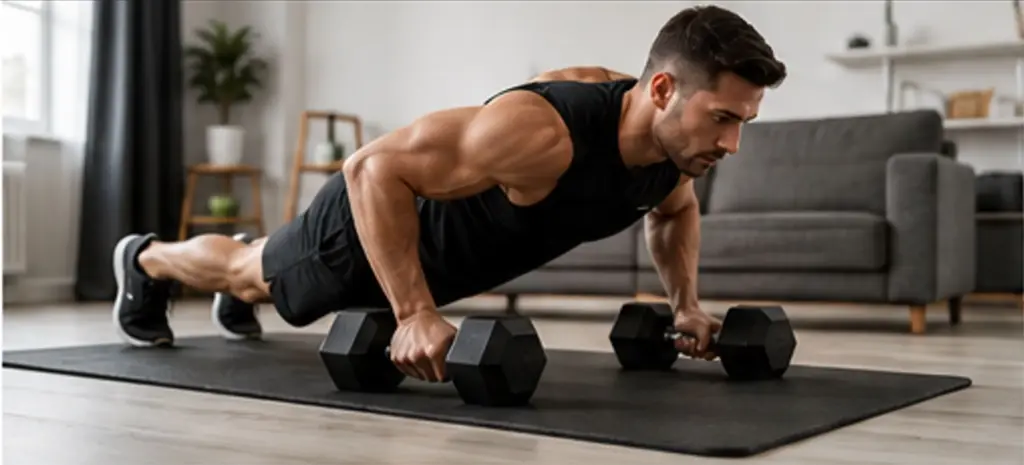 Man doing a full-body workout at home with dumbbells