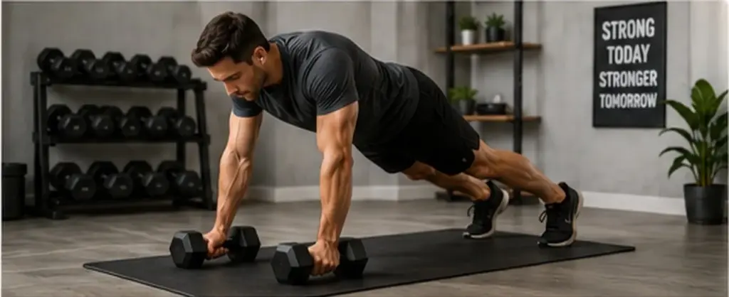 Man doing strength training with dumbbells at home