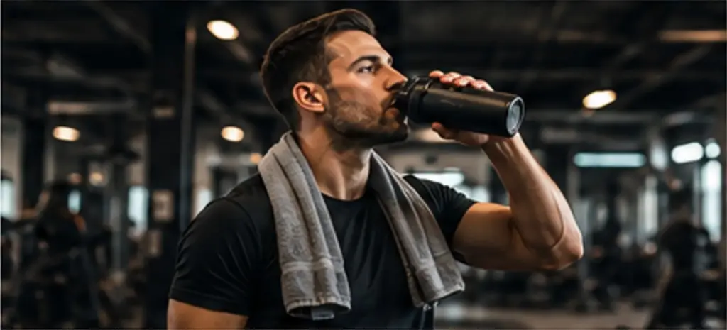 Man drinking water before workout in gym