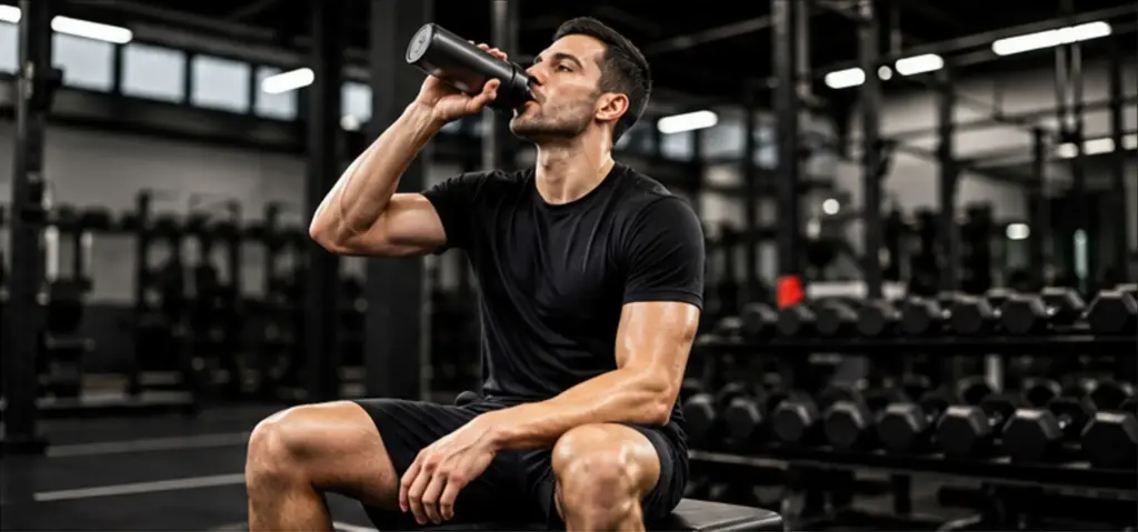 Man drinking water from a reusable bottle during a gym workout