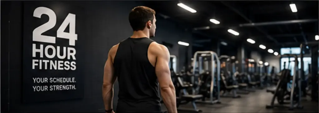 Man entering a 24 hour fitness gym for an early morning workout