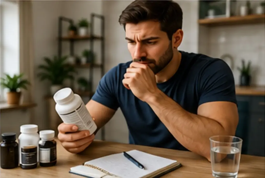 Man examining daily vitamin supplements before choosing a supplement