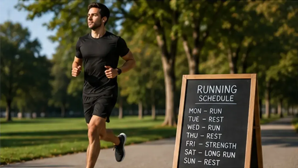 Man following a weekly running schedule during an outdoor run