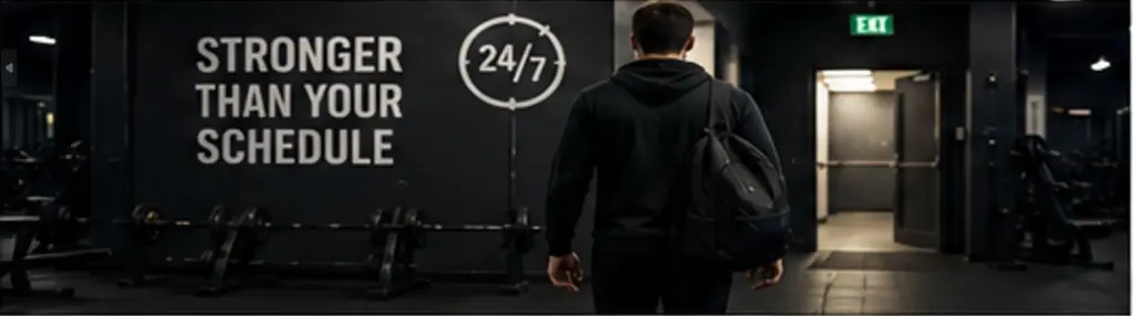 Man leaving a 24 hour gym after a late-night workout