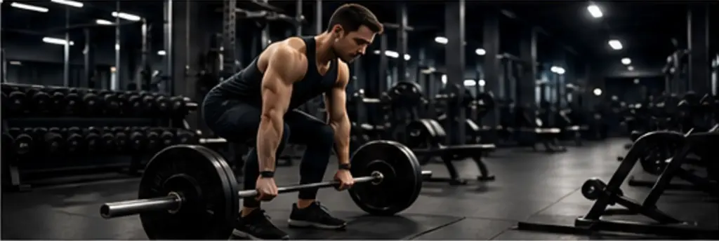 Man lifting weights in a quiet 24 hour gym during off-peak hours