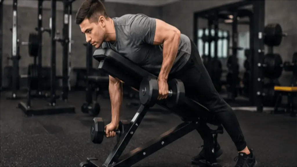 Man performing a bent-over dumbbell row with a controlled pulling motion in a gym