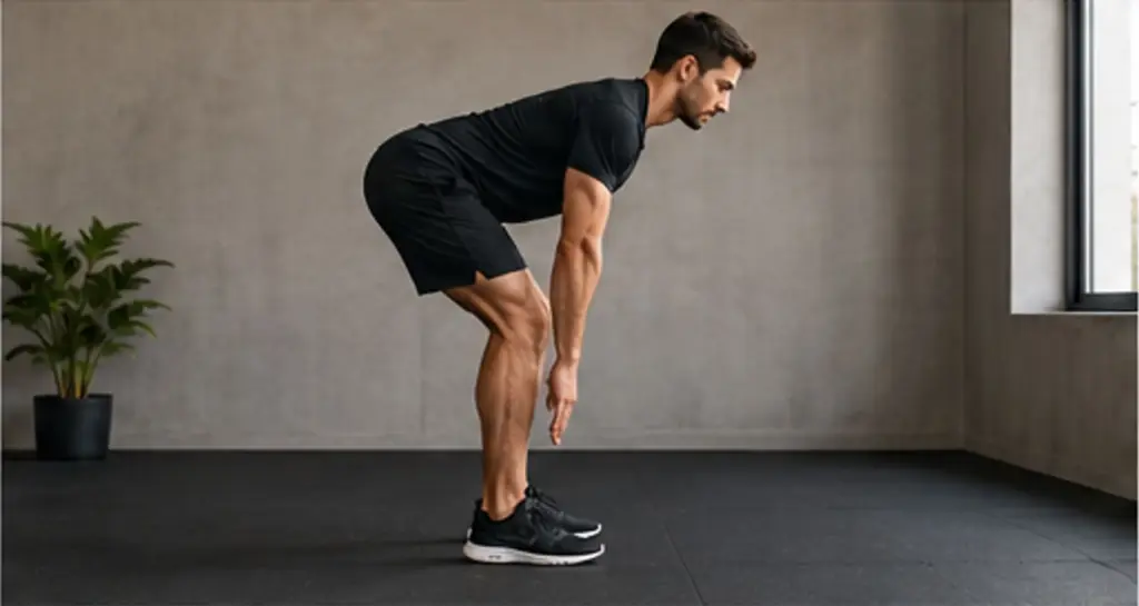 Man performing a bodyweight Romanian deadlift with a controlled hip hinge