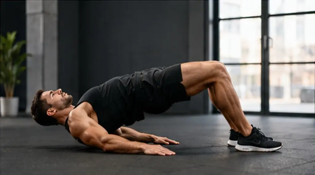 Man performing a bodyweight glute bridge for hamstring and glute strength