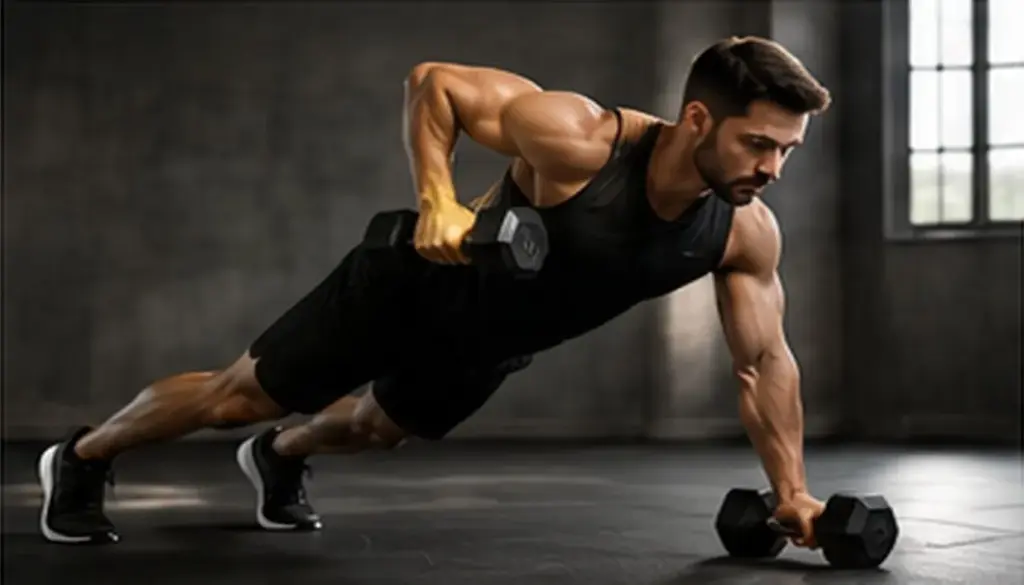 Man performing a dumbbell HIIT workout at home