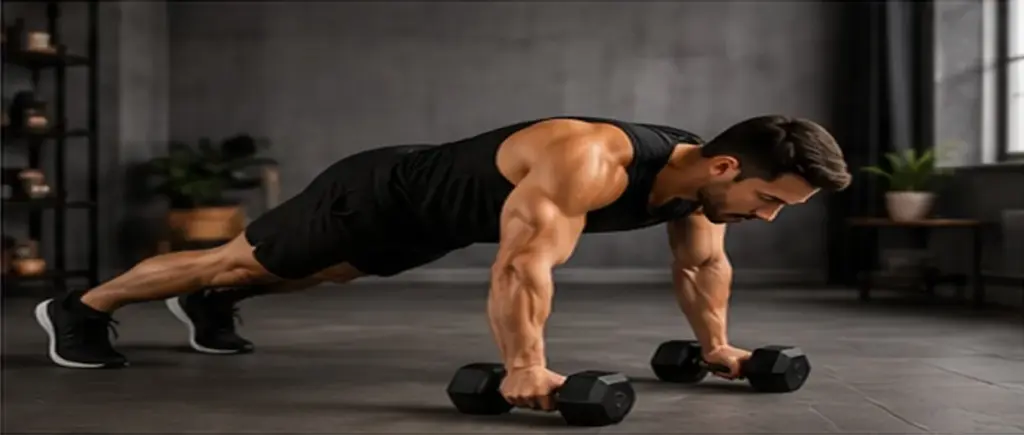 Man performing a dumbbell burpee during a high intensity workout