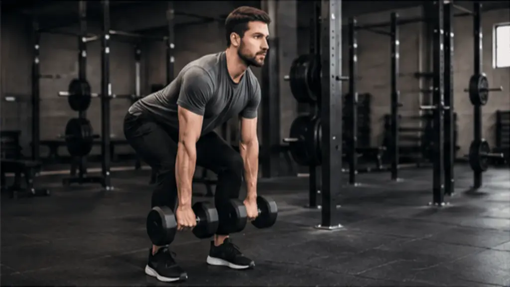 Man performing a dumbbell deadlift with a flat back and controlled hip hinge in a gym