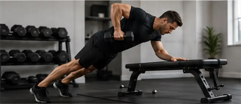 Man performing a dumbbell exercise using a weight bench in a home gym