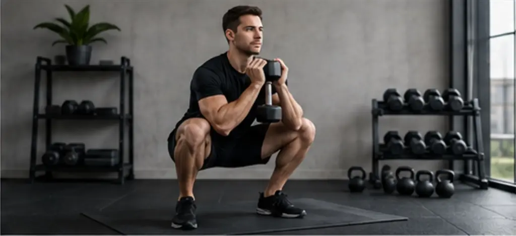 Man performing a dumbbell goblet squat during a home workout
