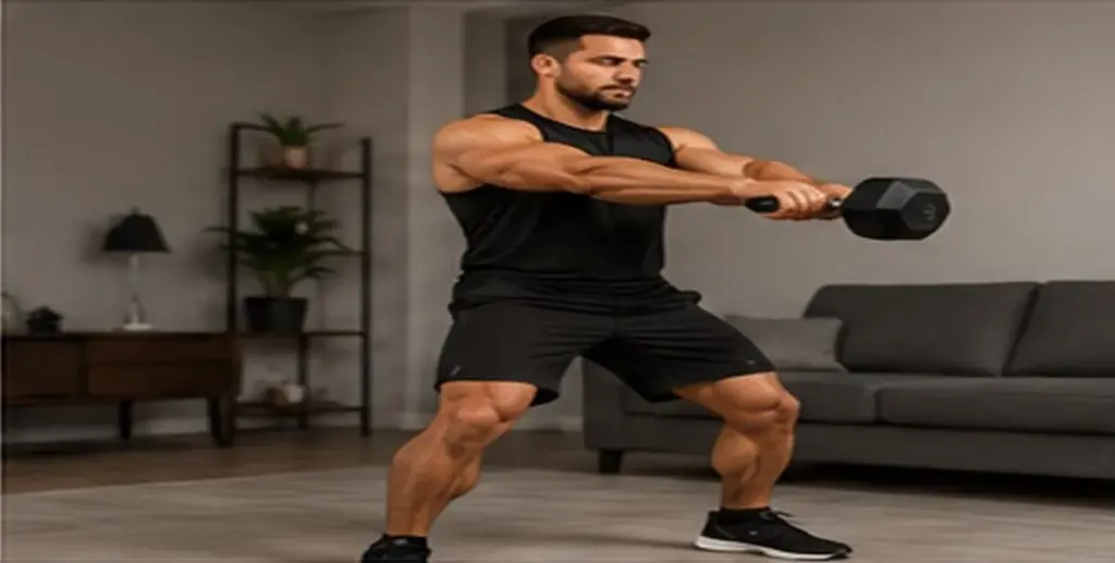Man performing a dumbbell swing during a high intensity interval workout