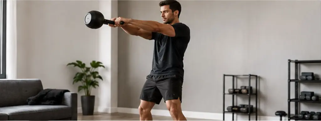 Man performing a kettlebell swing during a full-body home workout