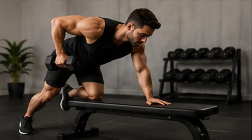 Man performing a renegade row with dumbbells during HIIT training