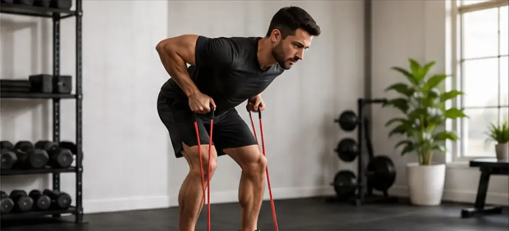 Man performing a resistance band row during a home workout